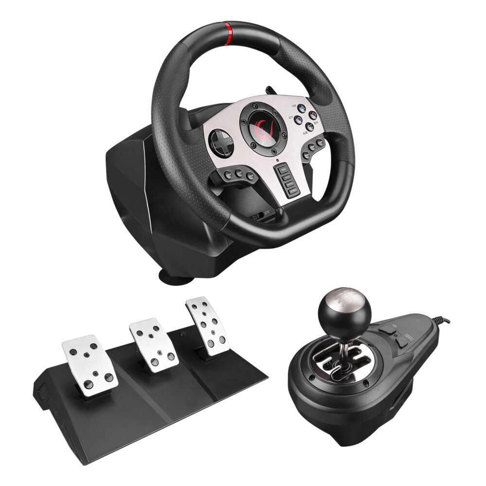 Rampage V902 PC Ayarlanabilir 900 derece ve 270 Derece 21 Adet Buton+1 Adet Direksiyon+3 Adet Pedal+Vites Çift Motorlu Titreşimli 3 Pedallı-El Vitesli Gaming Oyuncu Direksiyonu (Sadece Pc Uyumludur)